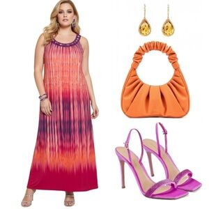 5X CATHERINE’S Orange Purple Vibrant Beaded Collar Sleeveless Long Maxi Dress